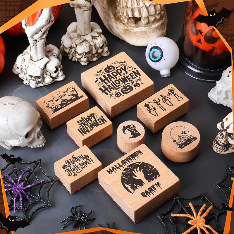 Supervitae 8 Pcs Halloween Wooden Rubber Stamp Set Happy Halloween Vintage Wooden Art Stamps for Crafting and DIY Scrapbooking Card Making Hand Book - Image 4